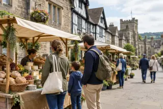 Visiteurs découvrant des stands de producteurs lors d’un festival gastronomique dans une rue historique de Ludlow.